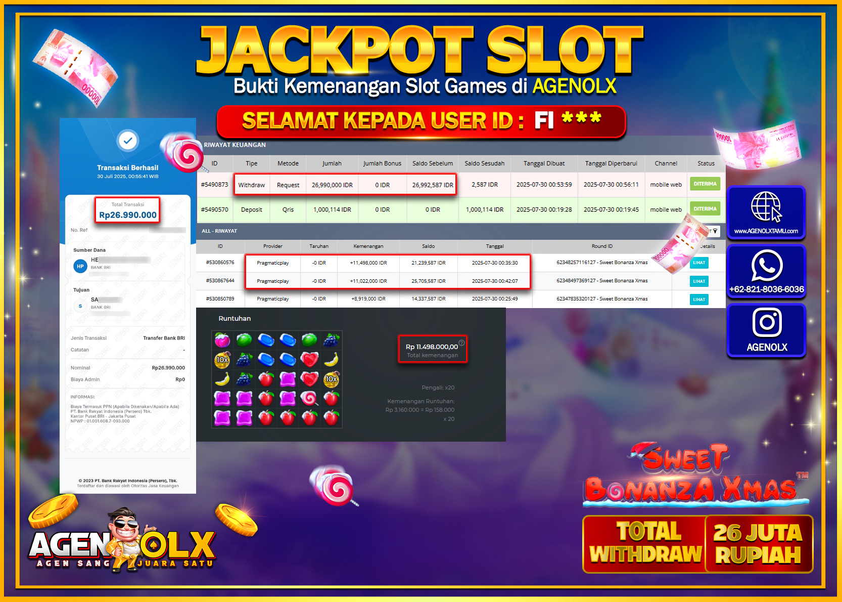 AGENOLX JACKPOT SLOT SWEET BONANZA XMAS Rp 26.990.000,- LUNAS