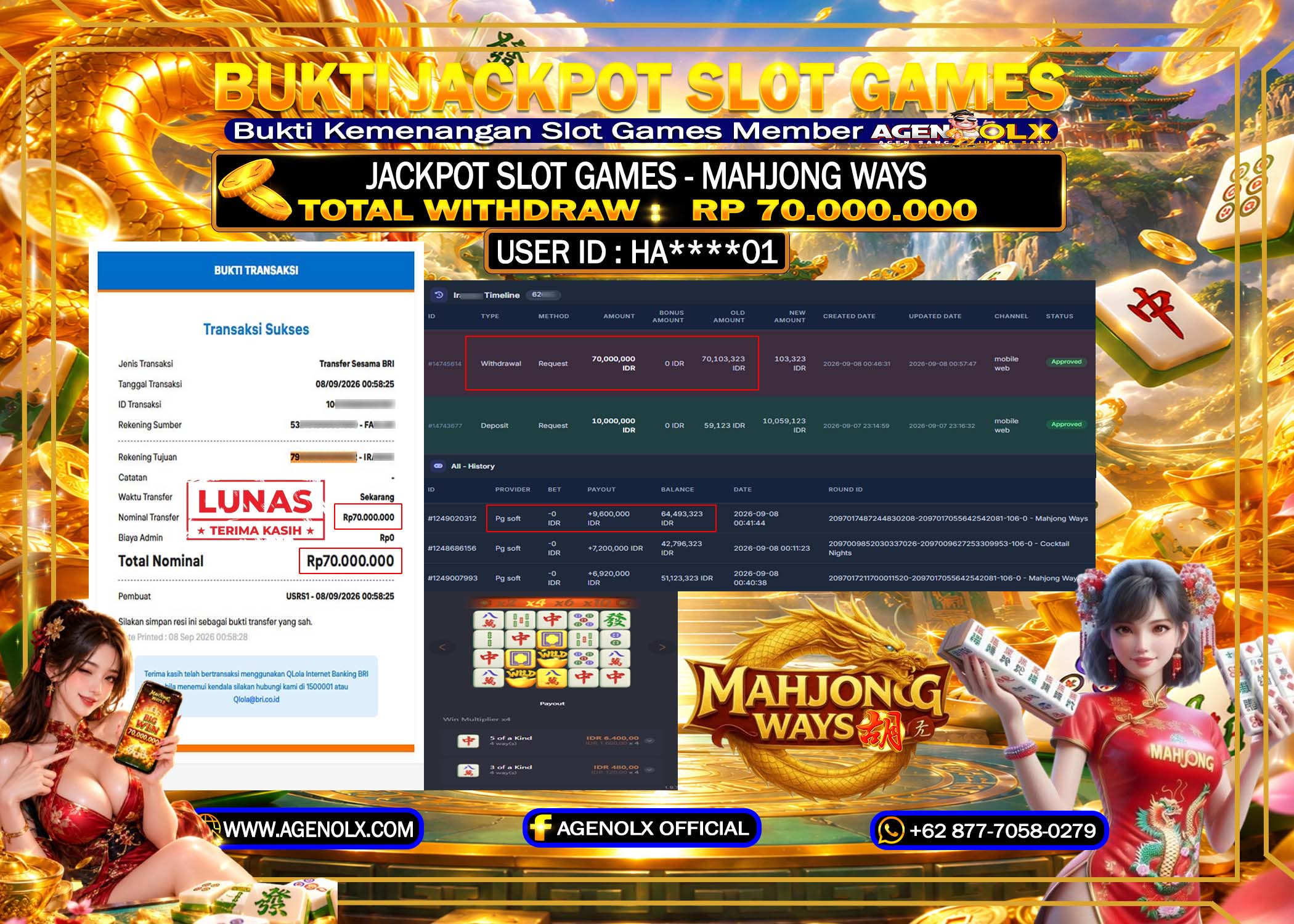 AGENOLX JACKPOT SLOT - MAHJONG WAYS  Rp 70,000 ,000 -LUNAS