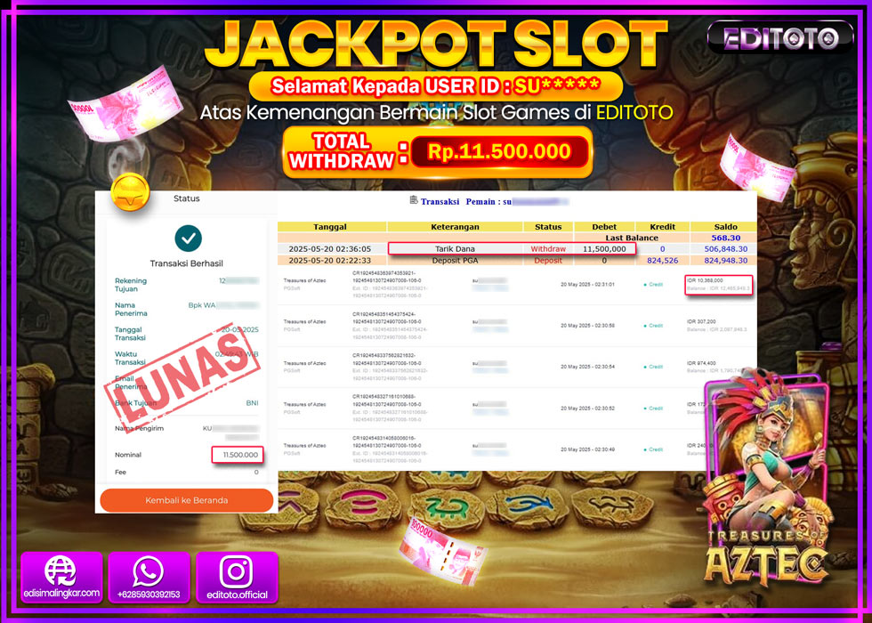 JACKPOT EDITOTO SLOT TREASURES OF AZTEC Rp.11.500.000,- LUNAS