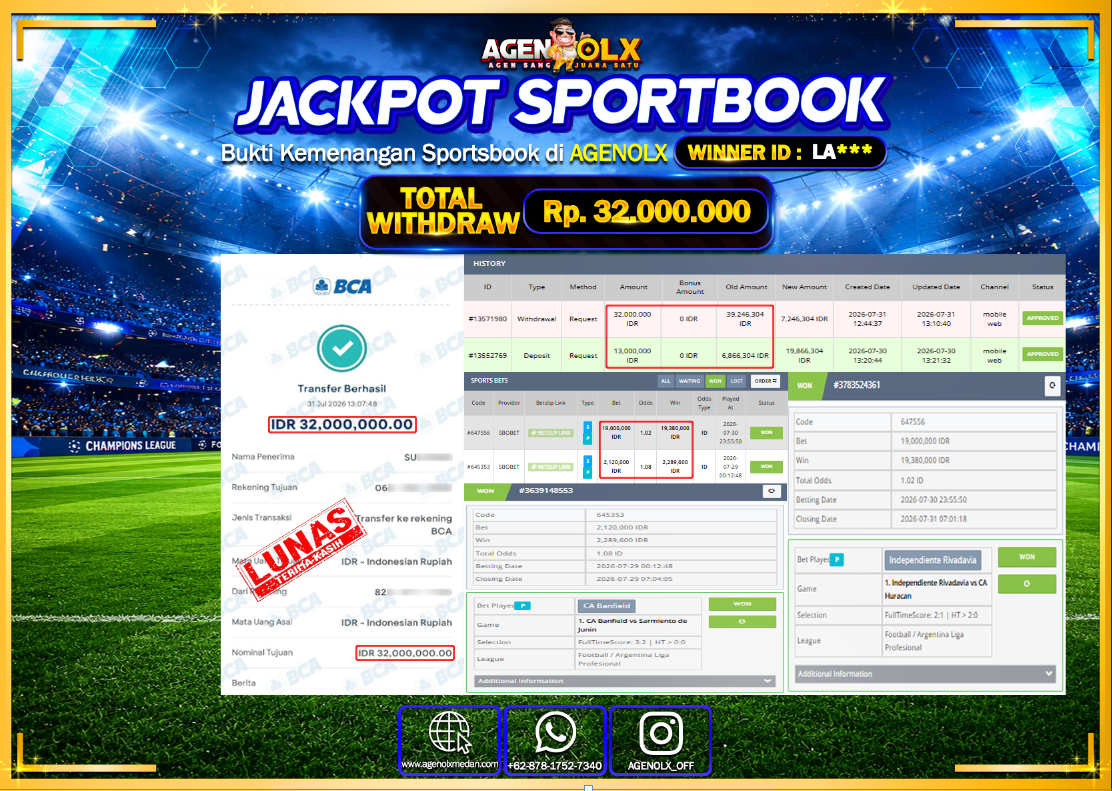 AGENOLX JACKPOT SPORTBOOK SBOBET  Rp 32.000.000- LUNAS