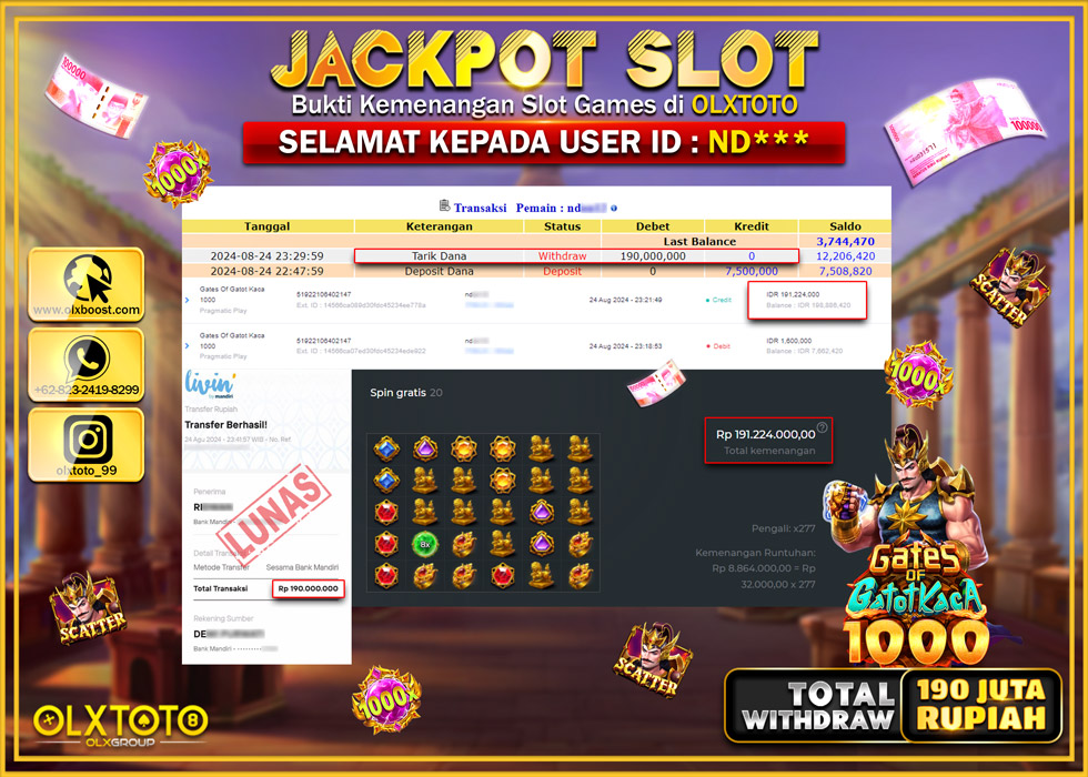 OLXTOTO JACKPOT  SLOT GATES OF GATOT KACA 1000 Rp.190.000.000.,- LUNAS