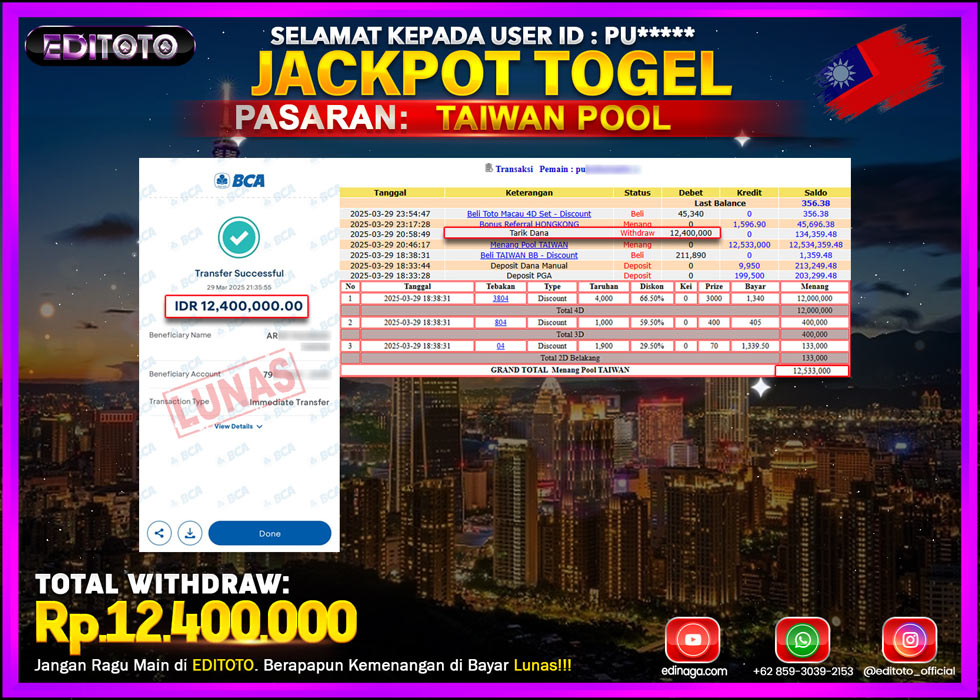 JACKPOT EDITOTO TOGEL PASARAN TAIWAN POOL Rp.12.400.000.,- LUNAS