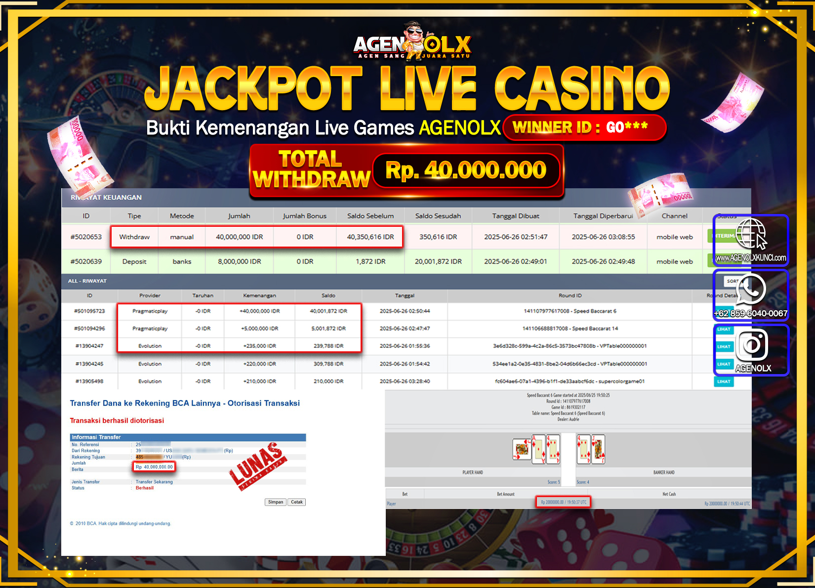 AGENOLX JACKPOT  LIVE CASSINO  Rp 40.000.000,- LUNAS