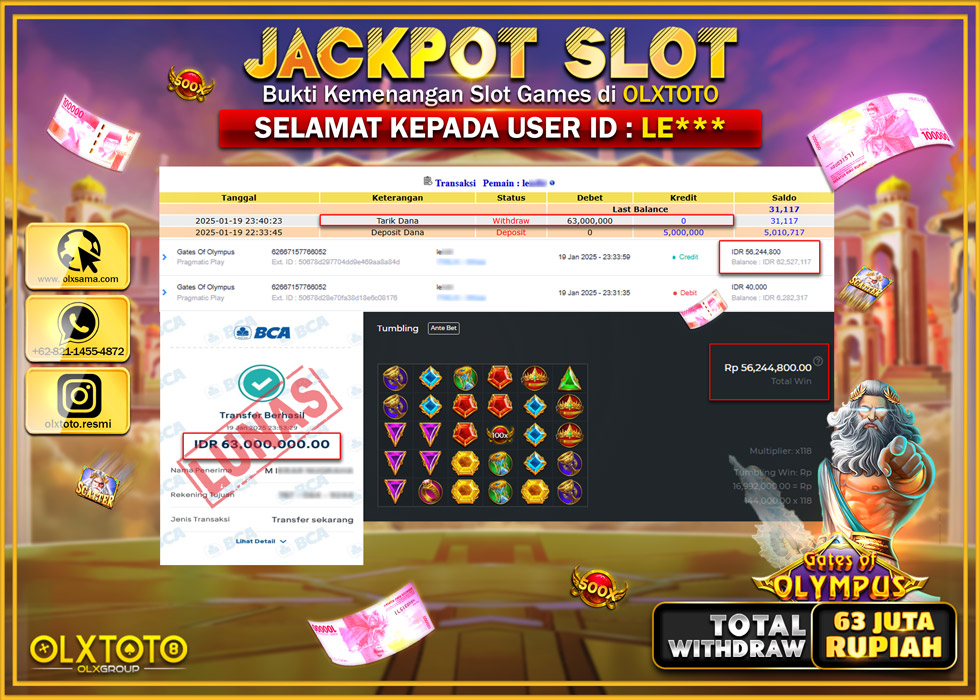 OLXTOTO JACKPOT  SLOT GATES OF OLYMPUS Rp.63.000.000.,- LUNAS
