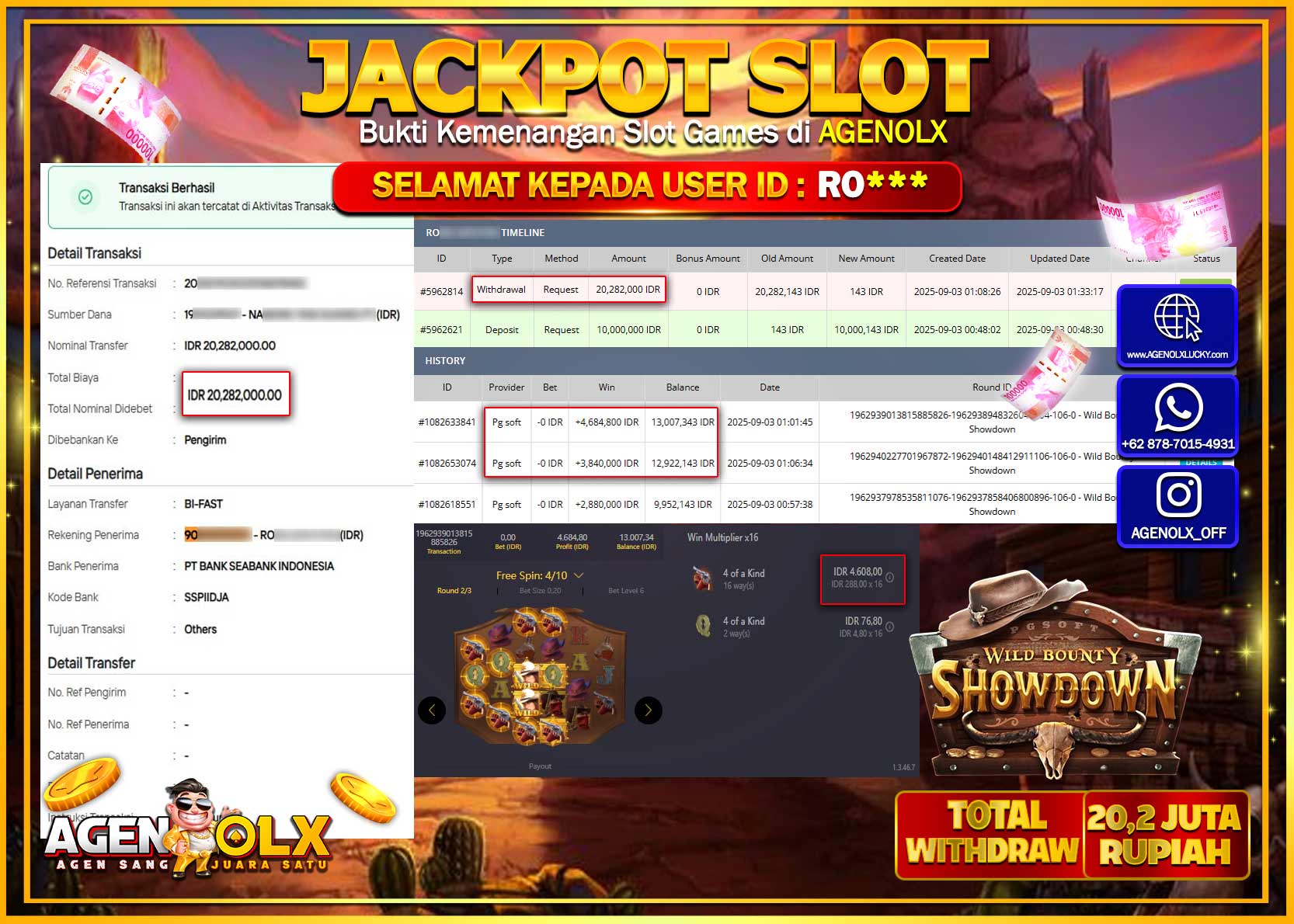 AGENOLX JACKPOT SLOT WILD BOUNTY SHOWDOWN Rp 20,282,000,- LUNAS