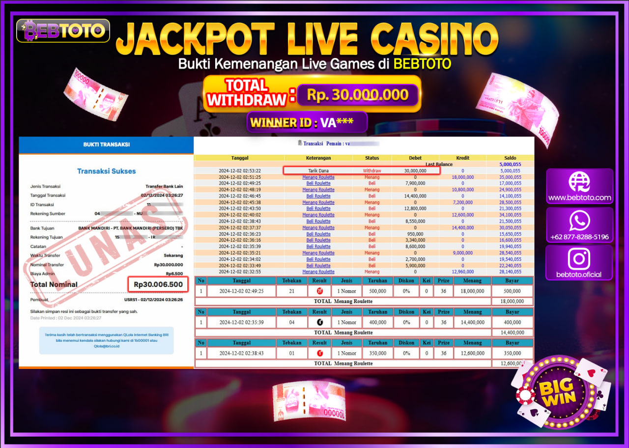 JACKPOT LIVE CASINO BEBTOTO ROULETTE Rp.30.000.000.,- LUNAS
