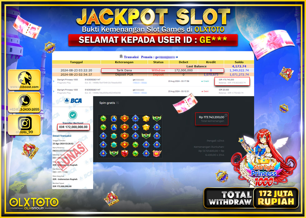 OLXTOTO JACKPOT  SLOT STARLIGHT PRINCESS 1000 Rp.172.000.000.,- LUNAS
