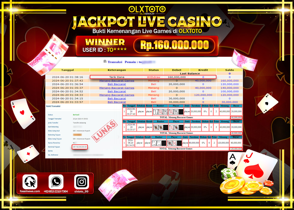 OLXTOTO JACKPOT LIVE GAMES BACCARAT   Rp.160.000.000.,- LUNAS