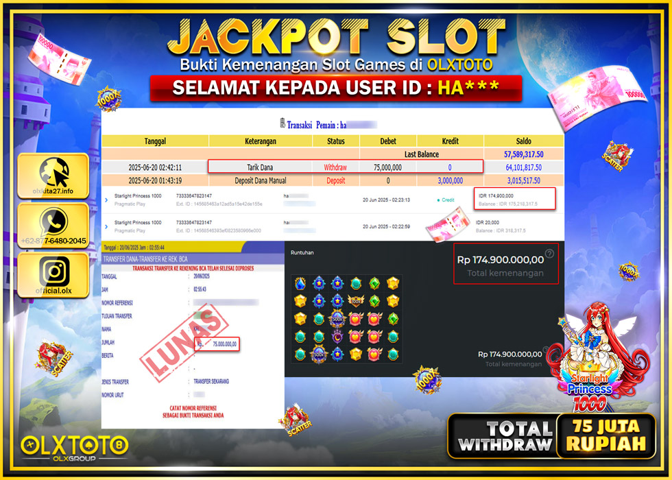 BONDAN69 JACKPOT SLOT STARLIGHT PRINCESS 1000  Rp.75.000.000.,- LUNAS