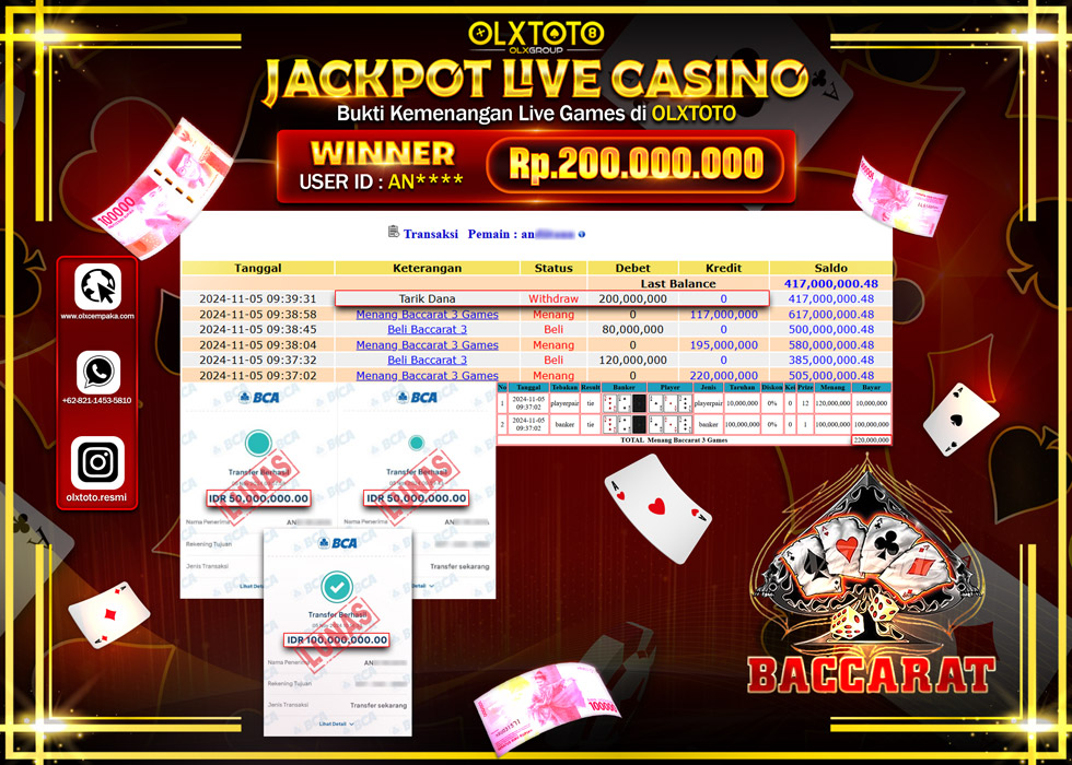 OLXTOTO JACKPOT  LIVE GAMES BACCARAT Rp.200.000.000.,- LUNAS