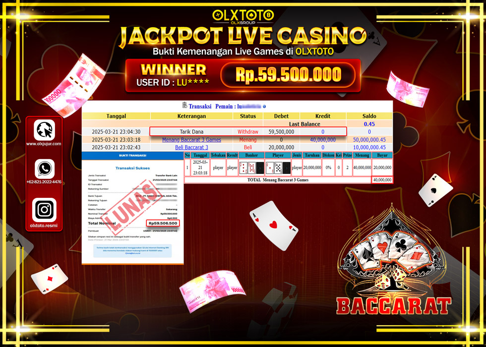 OLXTOTO JACKPOT  LIVE GAMES BACCARAT 3 Rp.59.500.000.,- LUNAS