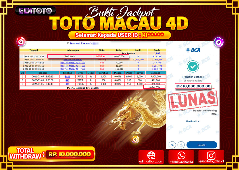 JACKPOT EDITOTO TOGEL PASARAN TOTO MACAU 4D Rp.10.000.000.,- LUNAS 
