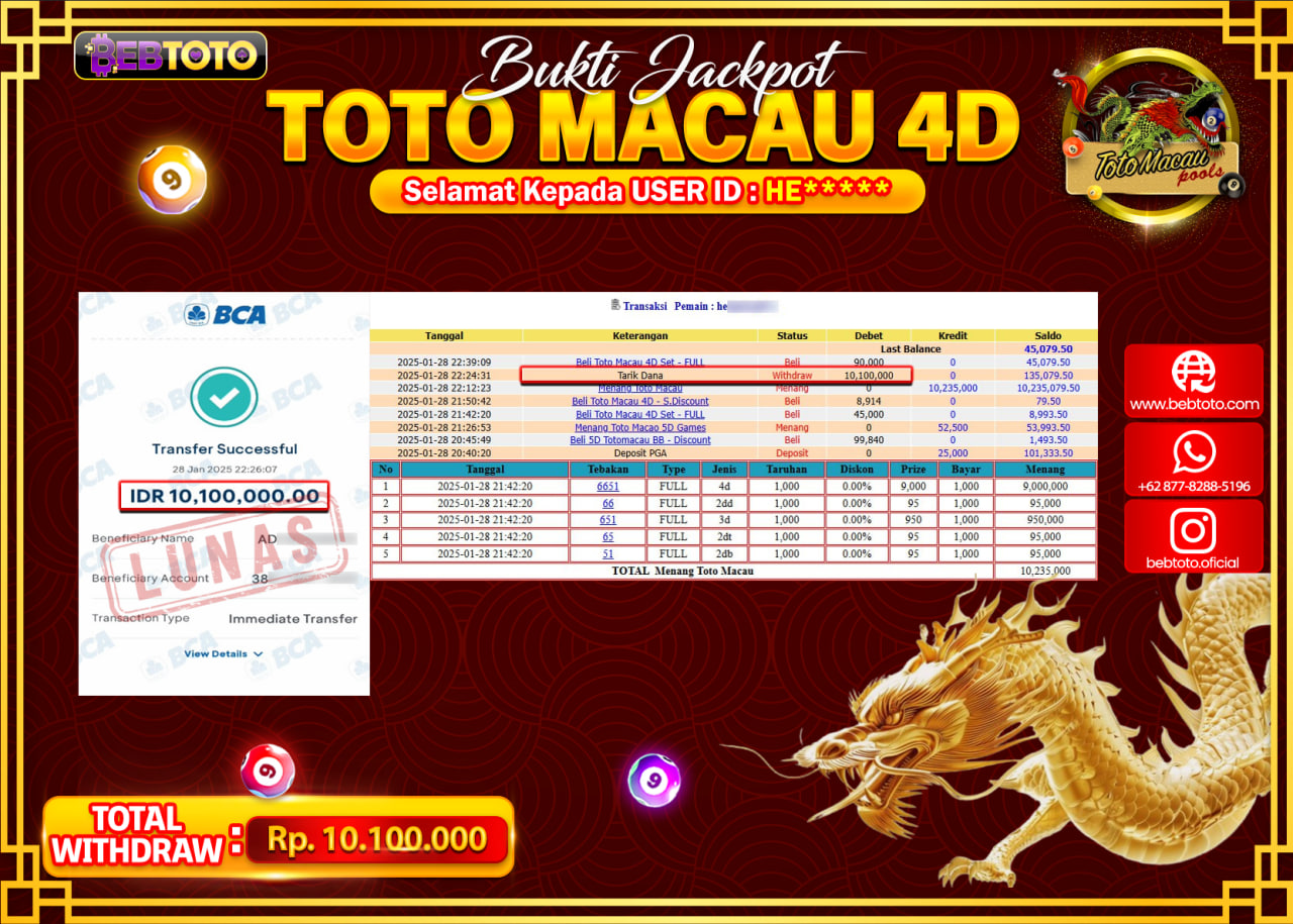 JACKPOT LIVE CASINO BEBTOTO TOTO MACAU 4D Rp.10.100.000.,- LUNAS