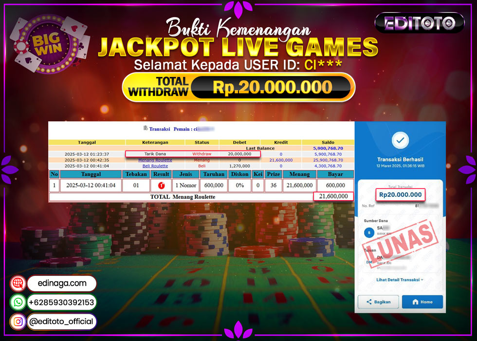 JACKPOT LIVE GAMES ROULETTE  Rp.20.000.000.,- LUNAS