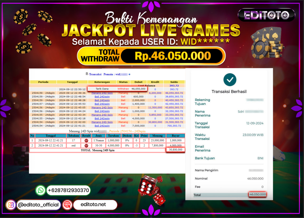 JACKPOT LIVE GAME 24D SPIN Rp.46.050.000.,- LUNAS