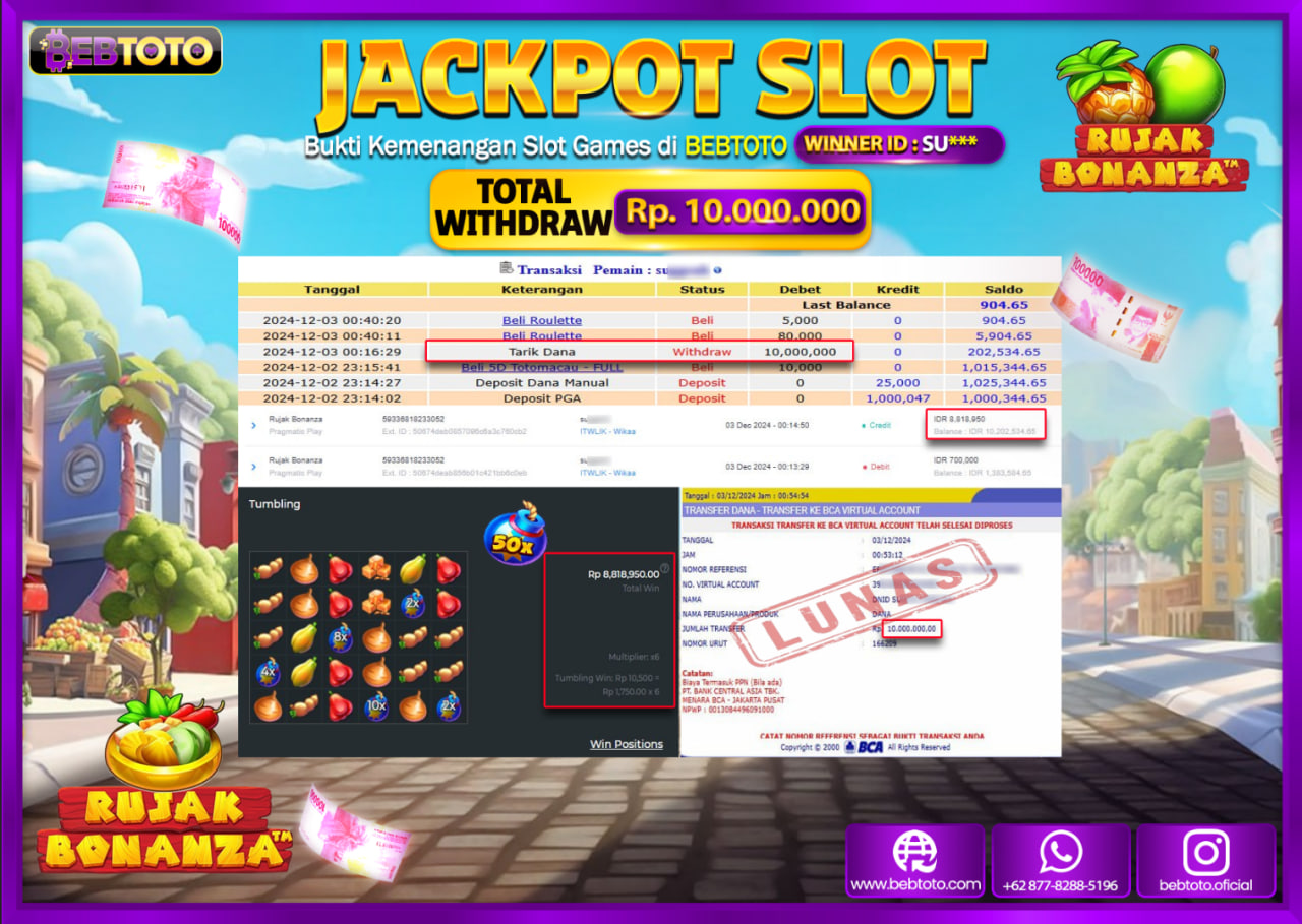 JACKPOT SLOT BEBTOTO RUJAK BONANZA Rp.10.000.000.,- LUNAS