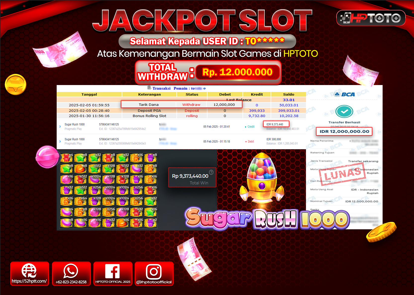 JACKPOT SLOT SUGAR RUSH 1000 Rp.12.000.000.,- LUNAS