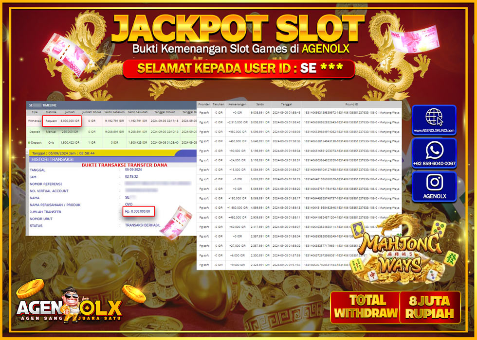 AGENOLX JACKPOT SLOT MAHJONG WAYS  Rp.8.000.000,- LUNAS