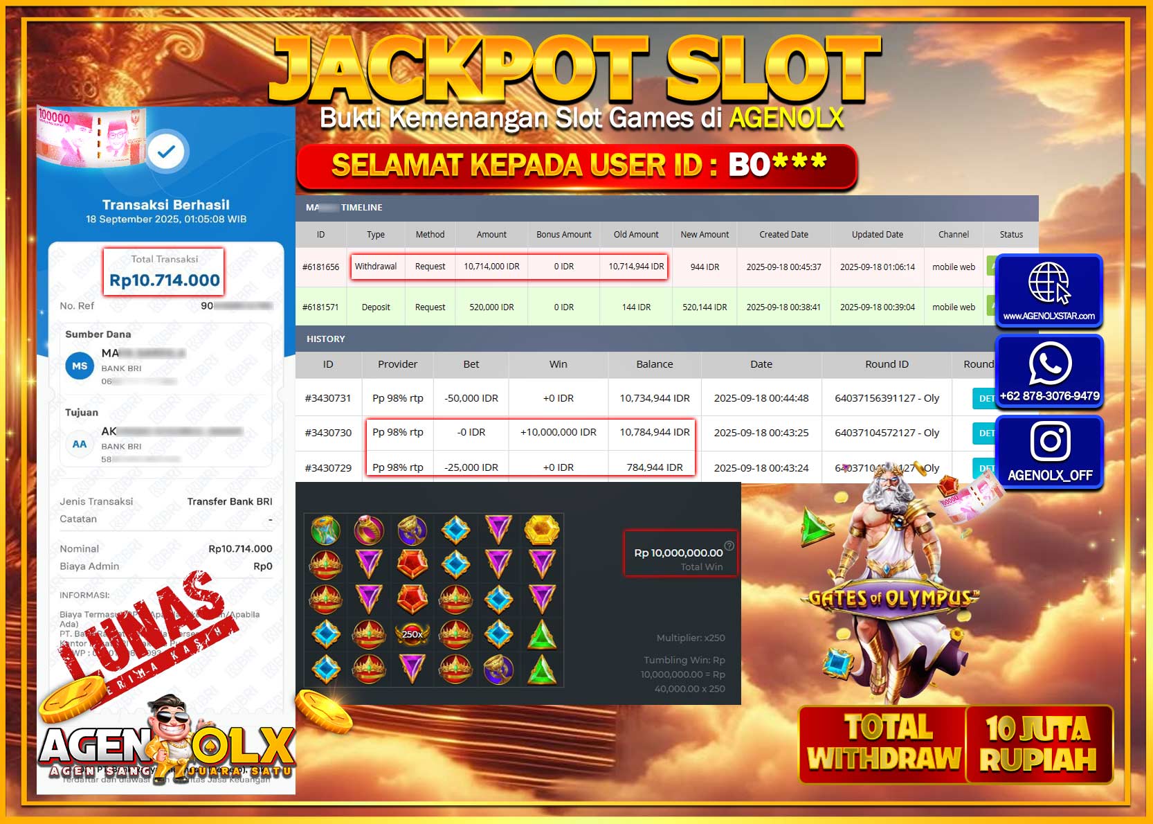 AGENOLX JACKPOT SLOT OLY GATE OF OLYMPUS   Rp 10,714,000,- LUNAS