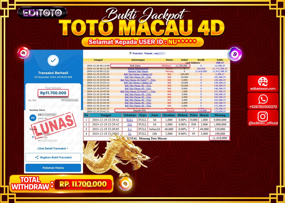 JACKPOT TOGEL PASARAN TOTOMACAU Rp11.700.000.,- LUNAS