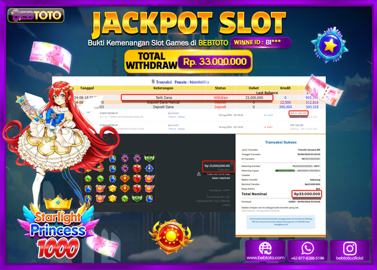 JACKPOT SLOT BEBTOTO Starlight Princess 1000 Rp.33.000.000.,- LUNAS