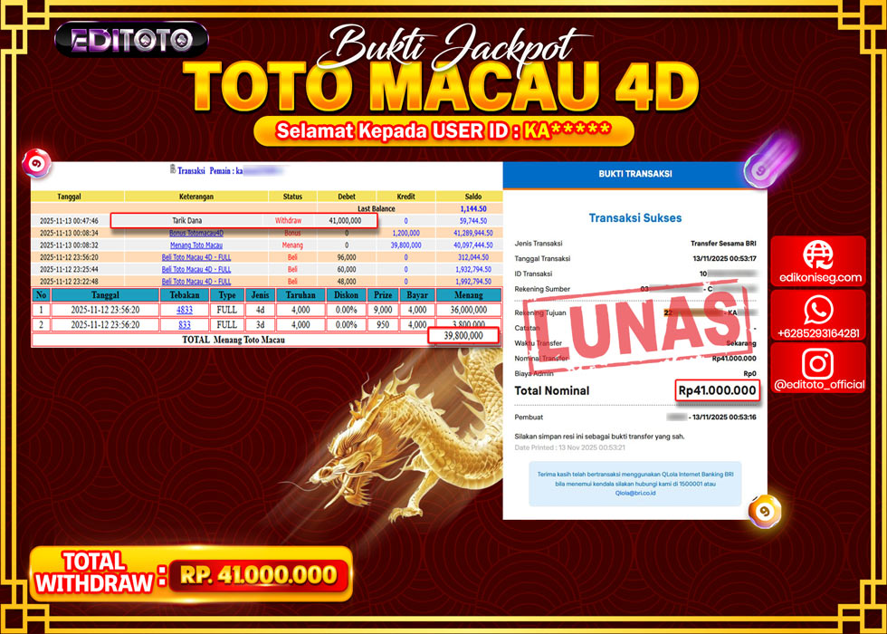 JACKPOT EDITOTO TOGEL PASARAN TOTO MACAU 4D Rp.41.000.000.,- LUNAS 