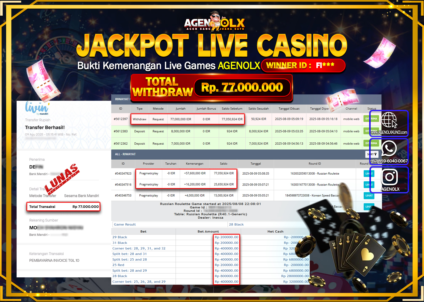 AGENOLX JACKPOT LIVE CASSINO RUSSIAN ROULETTE  Rp 77.000.000,- LUNAS
