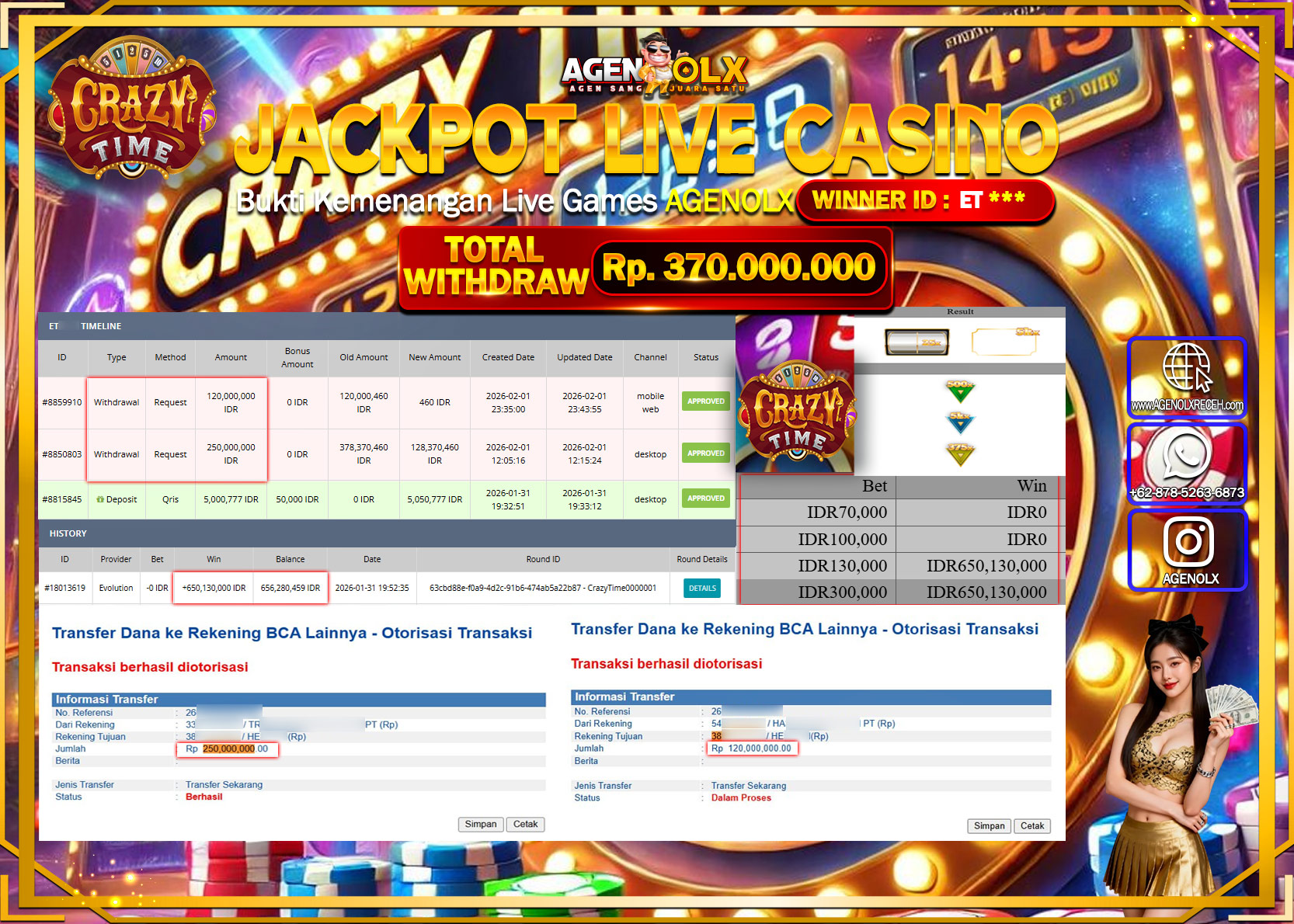 AGENOLX JACKPOT LIVE CASINO CRAZY TIME  Rp 370.000.000 - LUNAS