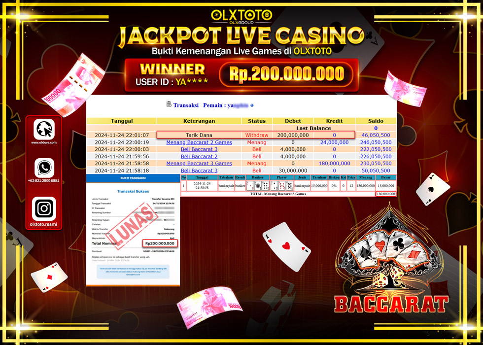 OLXTOTO JACKPOT  LIVE GAMES BACCARAT 3 Rp.200.000.000.,- LUNAS