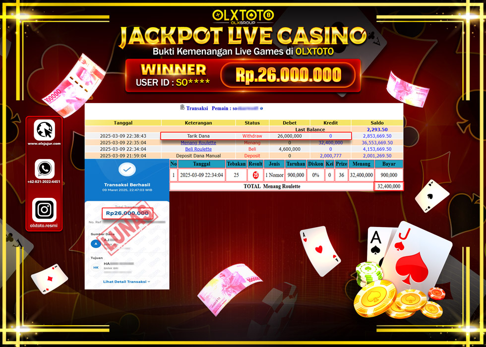 OLXTOTO JACKPOT  LIVE GAMES ROULETTE Rp.26.000.000.,- LUNAS