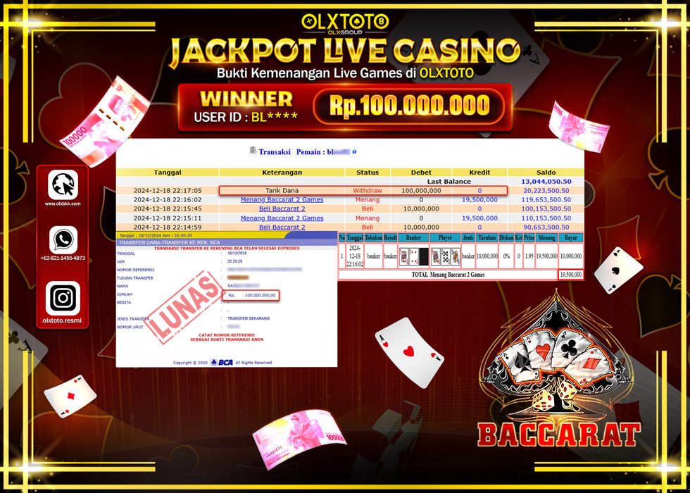 OLXTOTO JACKPOT  LIVE GAMES BACCARAT 2  Rp.100.000.000.,- LUNAS