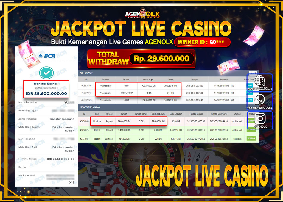 AGENOLX JACKPOT LIVE CASINO  Rp 29.600.000,- LUNAS