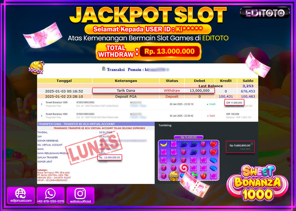 JACKPOT SLOT SWEET BONANZA 1000 Rp.13.000.000.,- LUNAS