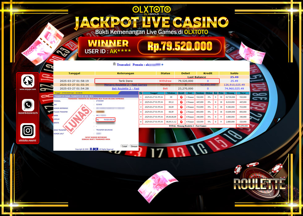 OLXTOTO JACKPOT  LIVE GAMES ROULETTE 2 Rp.79.520.000.,- LUNAS