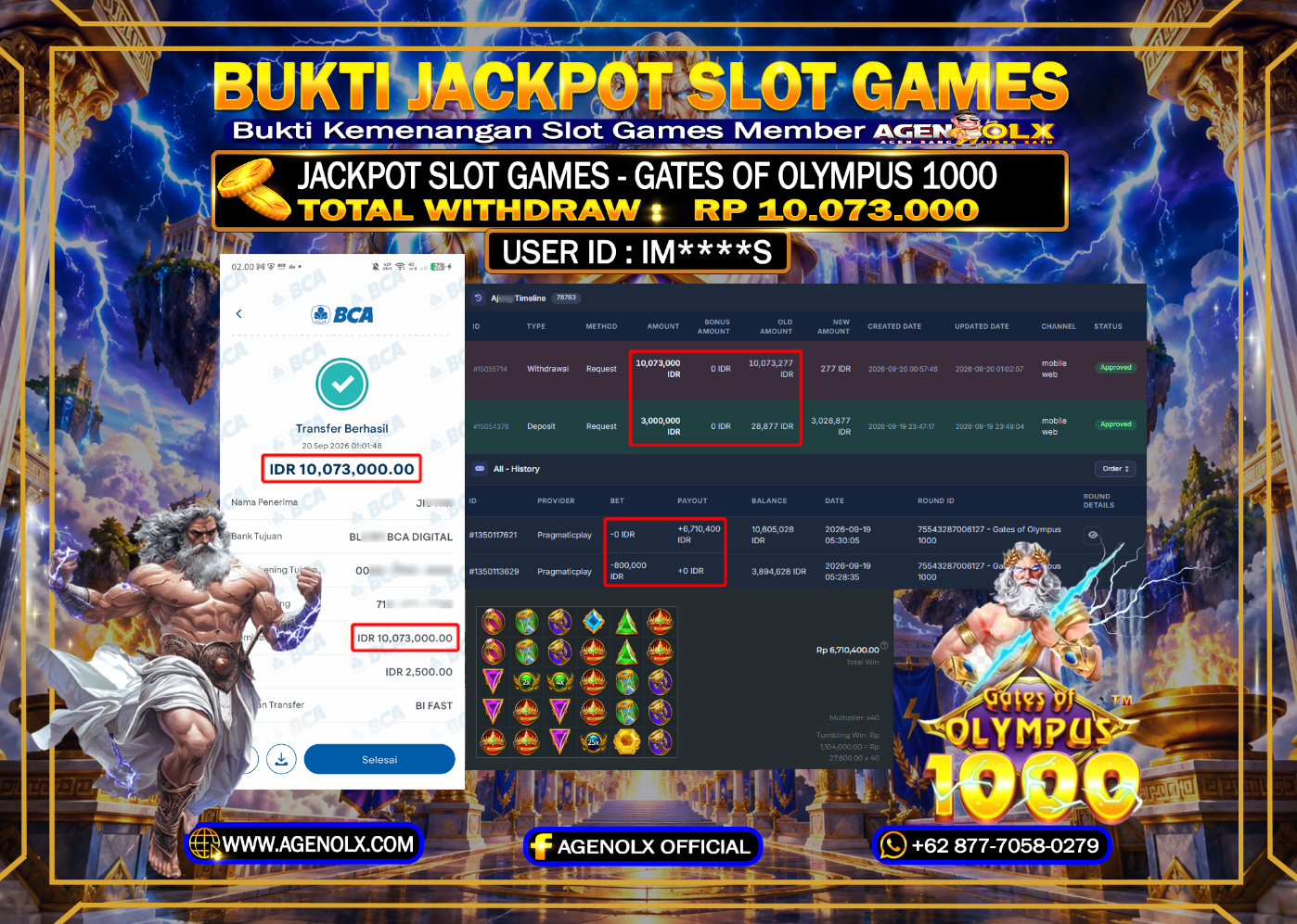 AGENOLX JACKPOT SLOT -  GATES OF OLYMPUS 1000  - RP 10.073,000 - LUNAS