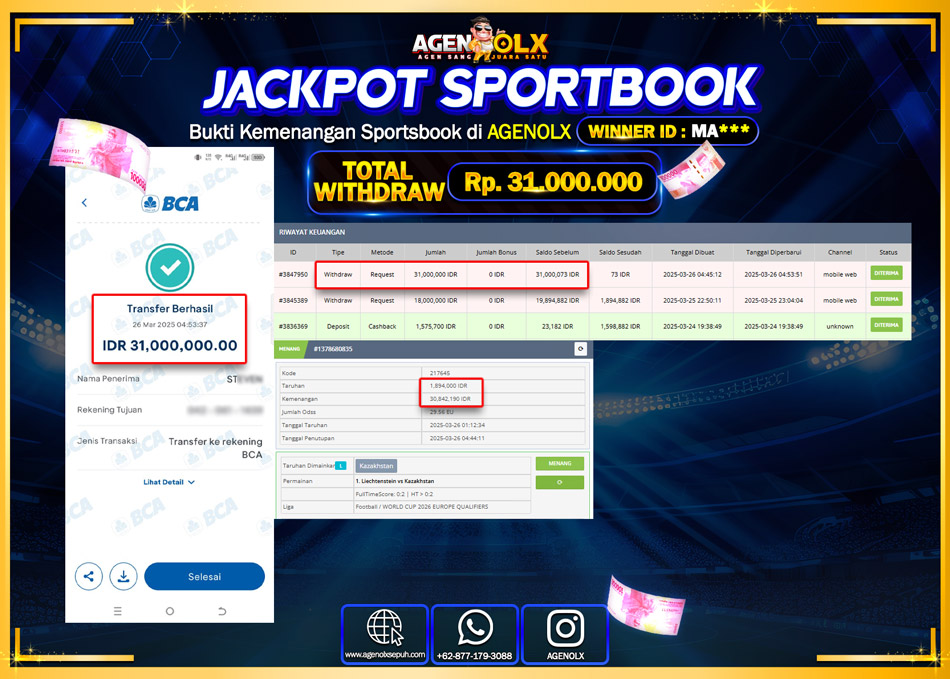 AGENOLX JACKPOT SPOORTBOOK  Rp 31.000.000,- LUNAS