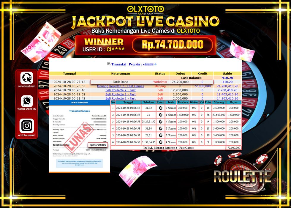 OLXTOTO JACKPOT  LIVE GAMES ROULETTE 2 Rp.74.700.000.,- LUNAS