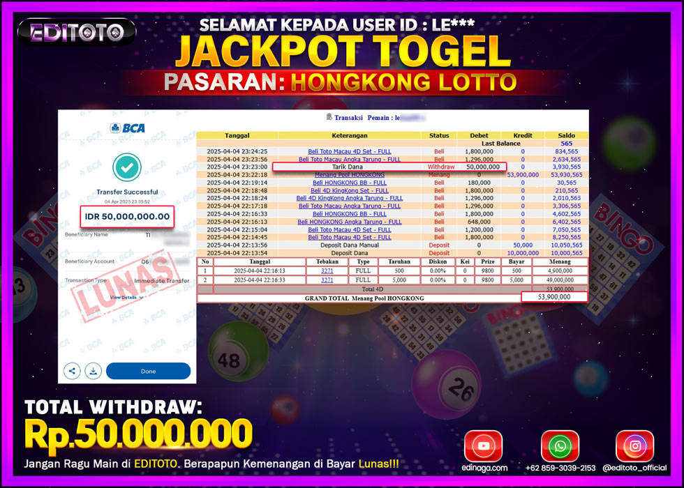 JACKPOT EDITOTO TOGEL PASARAN HONGKONG LOTTO Rp.50.000.000.,- LUNAS