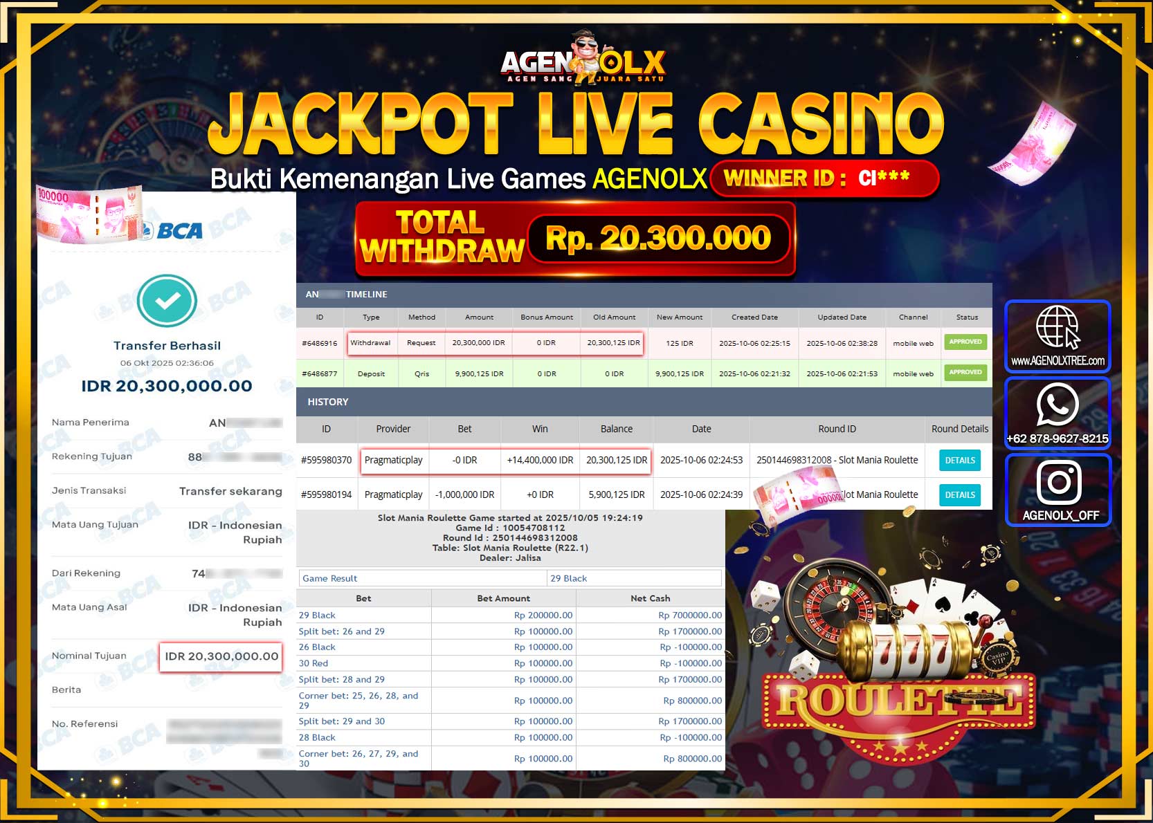 AGENOLX JACKPOT SLOT MANIA ROULETTE Rp 20,300,000,- LUNAS