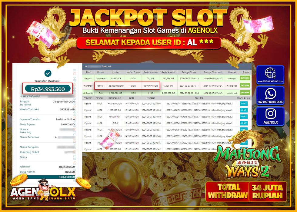 AGENOLX JACKPOT SLOT MAHJONG WAYS  2 Rp.34.000.000,- LUNAS