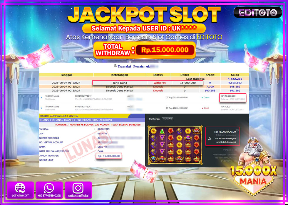 JACKPOT EDITOTO SLOT 15.000X MANIA Rp.15.000.000,- LUNAS 