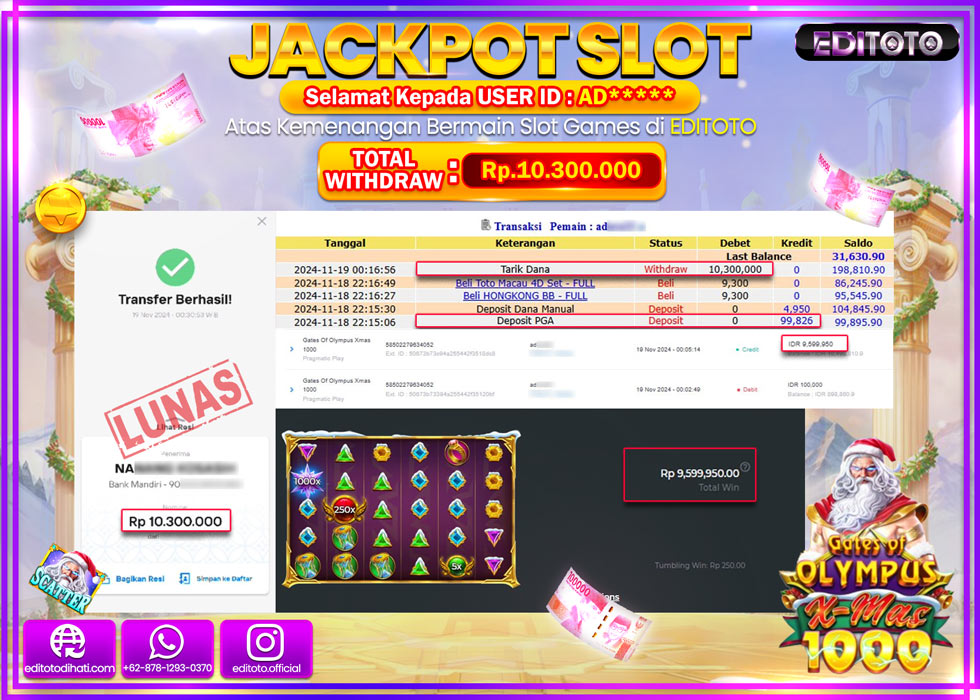 JACKPOT SLOT GATES OF OLYMPUS XMAS 1000 Rp.10.300.000.,- LUNAS