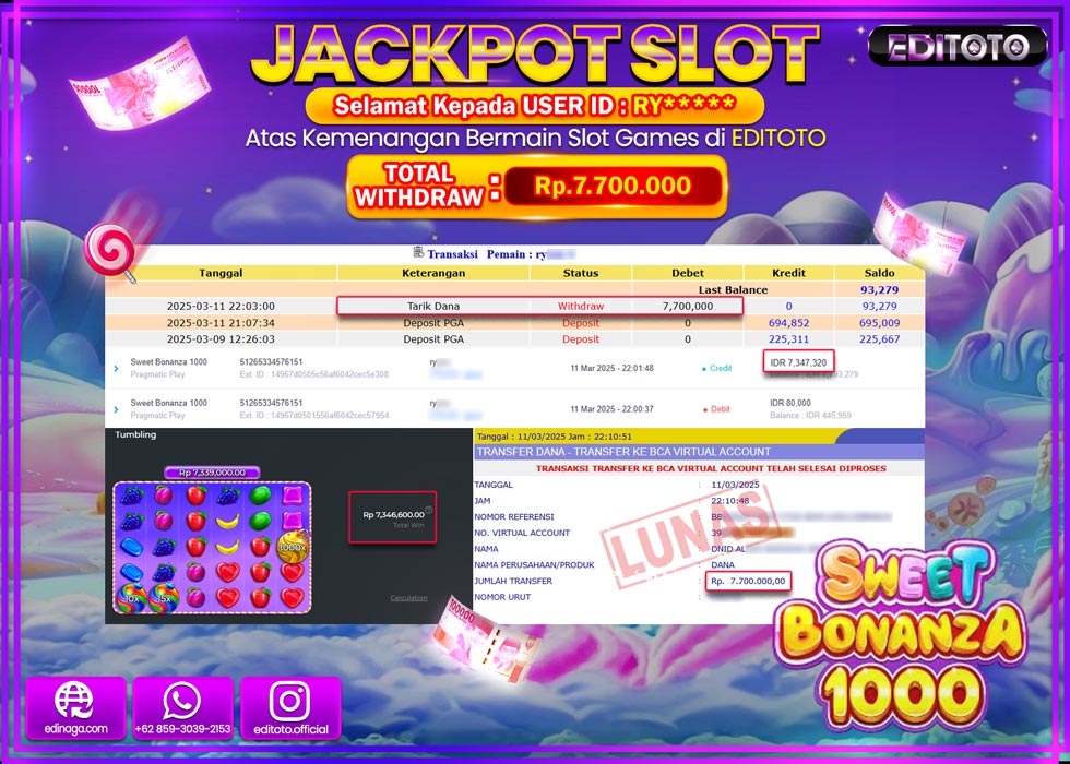 JACKPOT SLOT SWEET BONANZA 1000  Rp.7.700.000.,- LUNAS