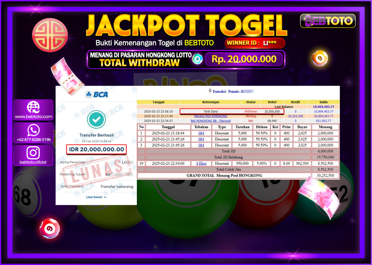 JACKPOT TOGEL BEBTOTO HONGKONG LOTTO  Rp.20.000.000.,- LUNAS