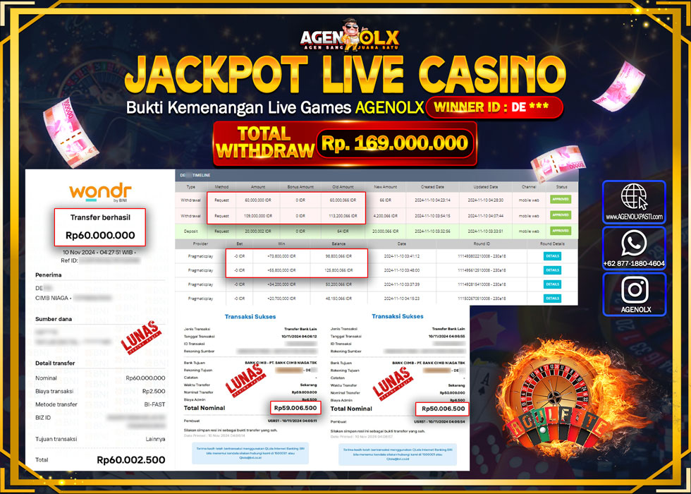 AGENOLX JACKPOT  LIVE CASINO ROULATTE Rp 168.000.000,- LUNAS