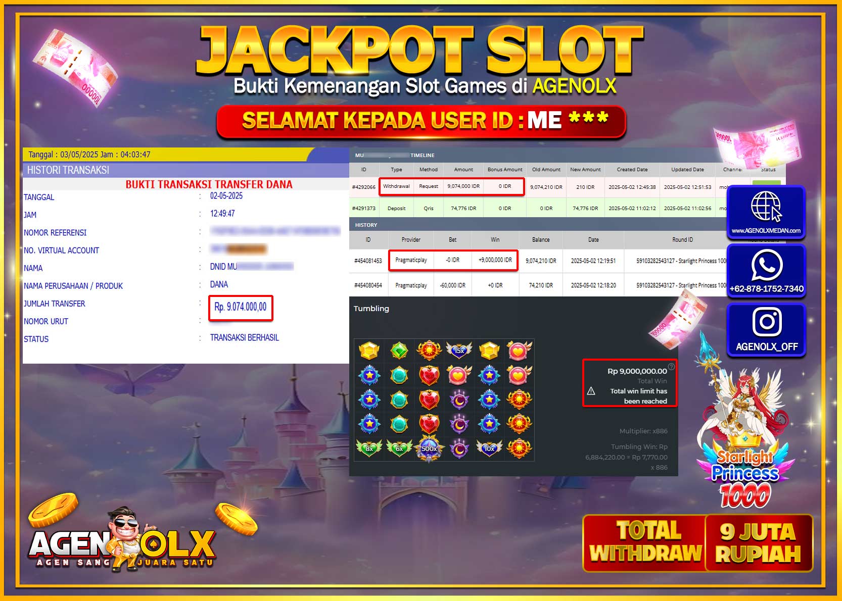 AGENOLX JACKPOT SLOT STARLIGHT PRINCESS 1000 Rp 9.074.000,- LUNAS