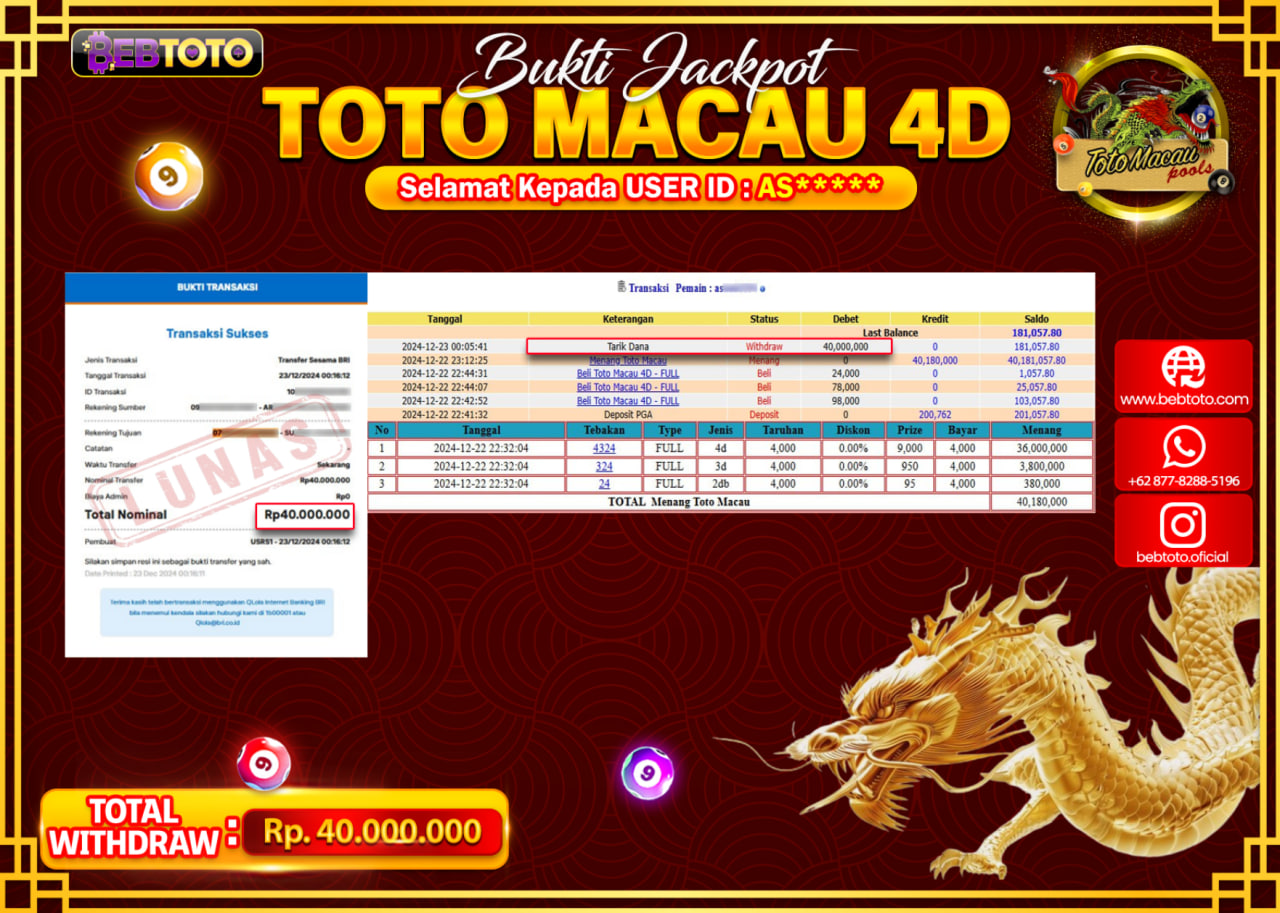 JACKPOT TOGEL BEBTOTO TOTO MACAU 4D Rp.40,000,000.,- LUNAS