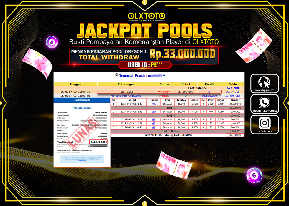 BINTANGSLOT77 JACKPOT TOGEL PASARAN POOL OREGON 1  Rp.33.000.000.,- LUNAS