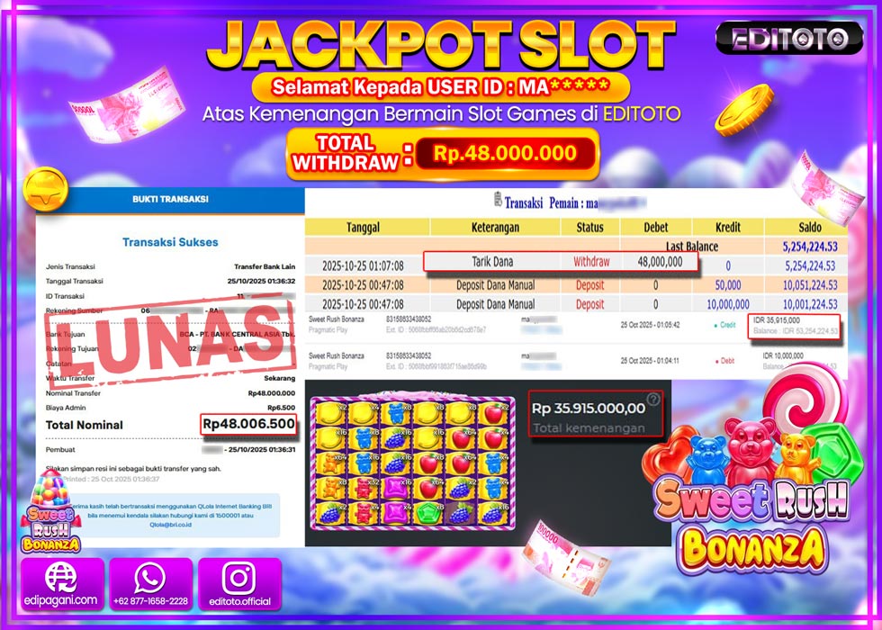 JACKPOT EDITOTO SLOT SWEET RUSH BONANZA  Rp.48.000.000,- LUNAS  