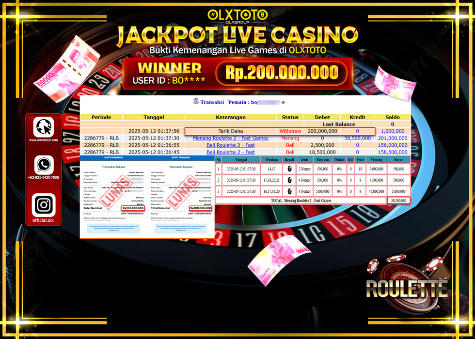 BINTANGSLOT77 JACKPOT  LIVE GAMES ROLETTE Rp.200.000.000.,- LUNAS